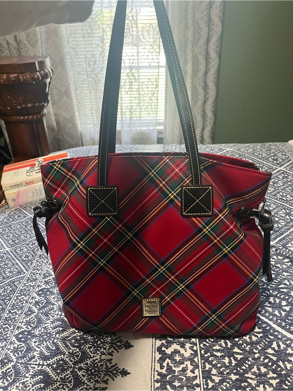 Dooney & Bourke Red TartanTote with Black Leather Handles (Some Interior Marks)